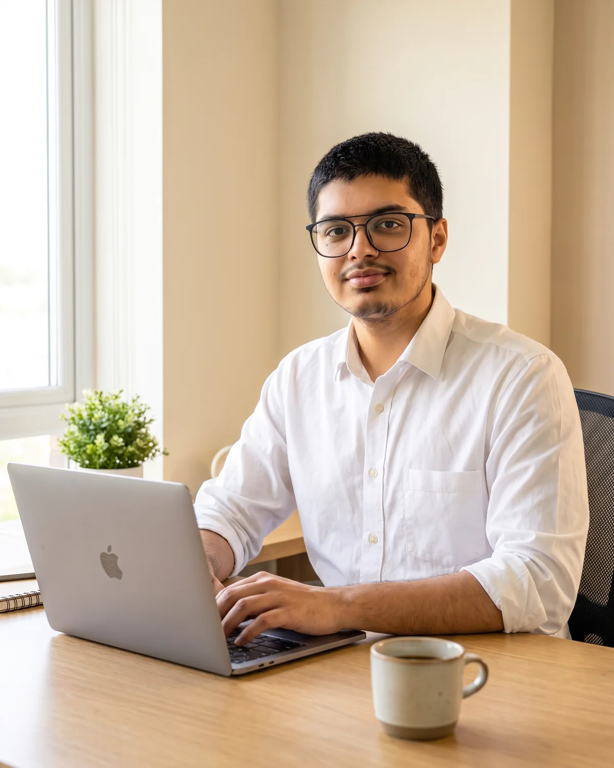 Muhammad Mubeen Ahmad, full stack developer, working on a MacBook in his home office