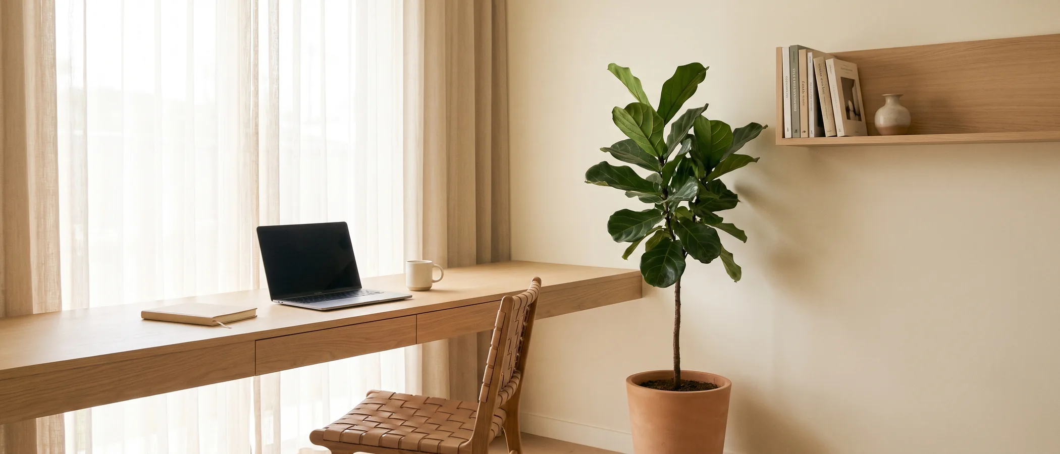 Calm, minimal home office with a long oak desk, laptop and window light