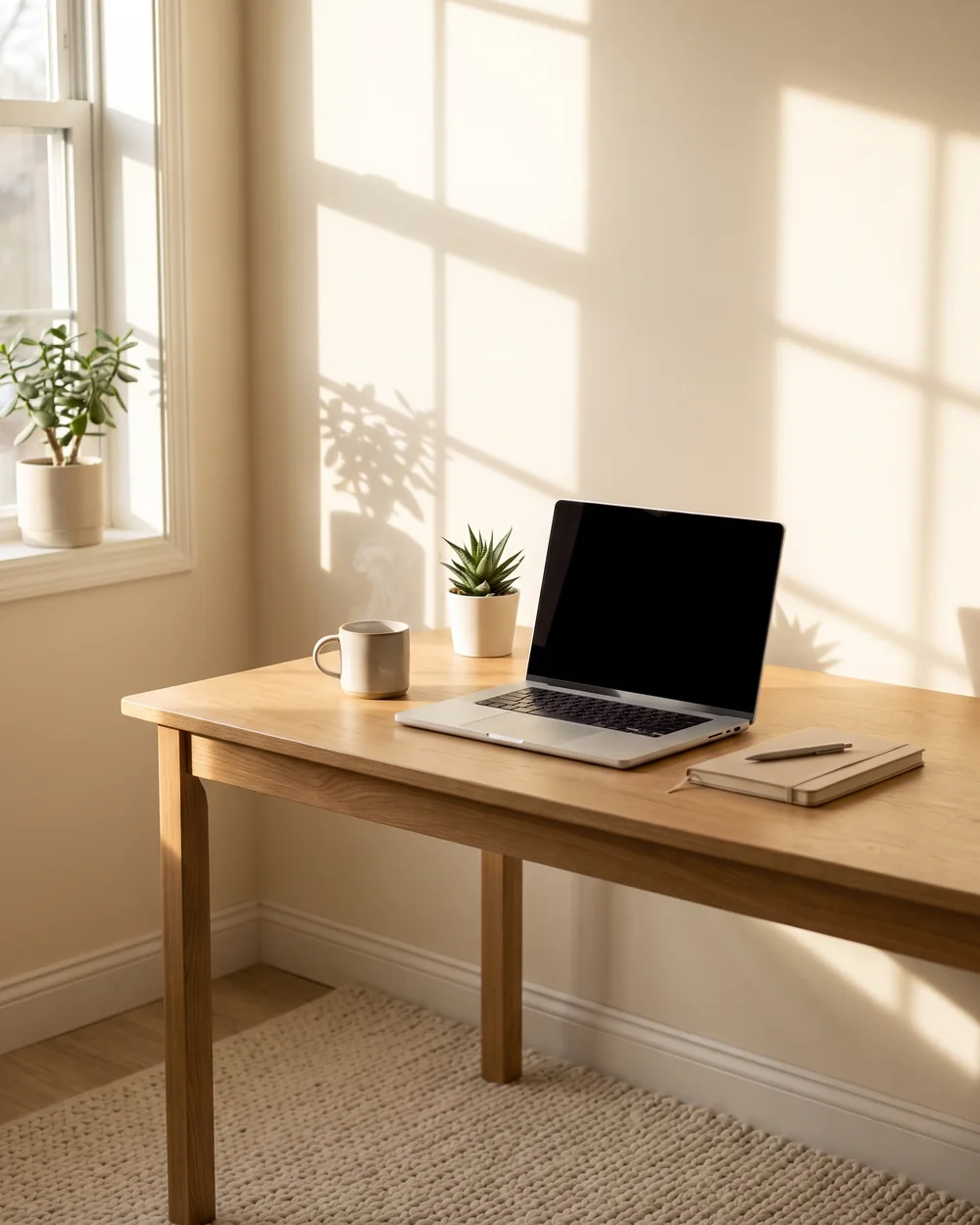 Quiet home office desk with a laptop, coffee and notebook in morning light