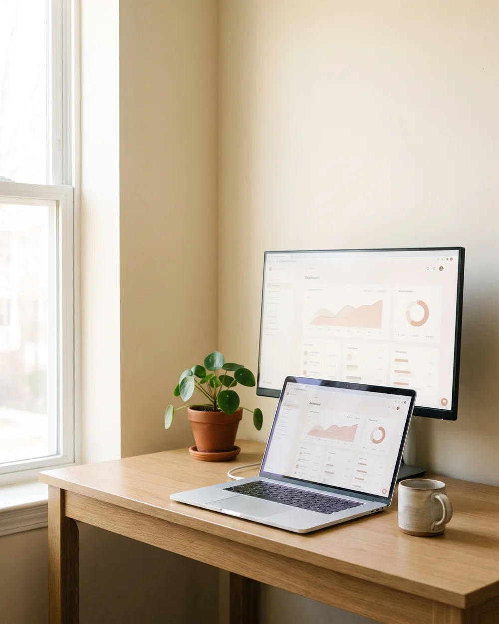 Minimal home workspace with a laptop and monitor showing a web dashboard